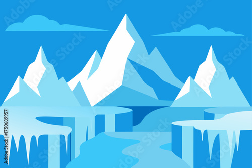Illustration of snowy mountains and icy landscape