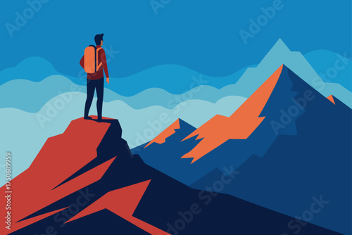 Man with backpack standing on top of a mountain peak