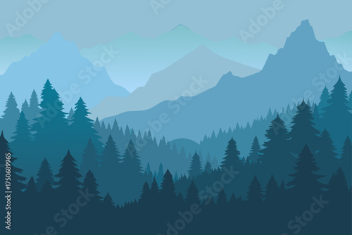 Illustration of a blue toned mountain range and trees