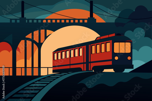 Red train riding on tracks at sunset illustration