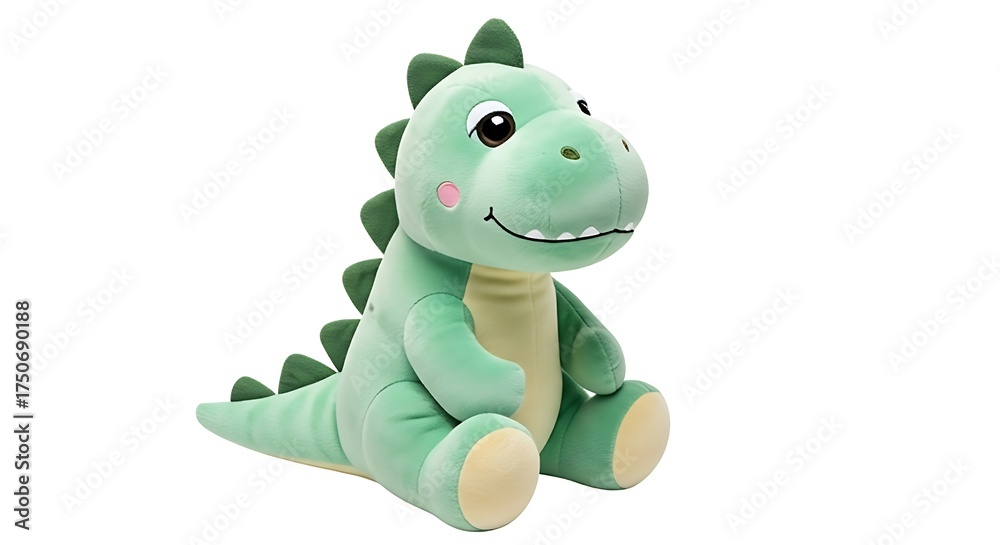 Obraz premium Cute green plush dinosaur toy sitting against a white background