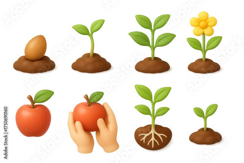 Growth stages of plants and apples with roots and hands holding fruit