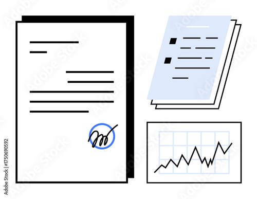 Contract with signature, checklist, and growth chart representing agreement, analysis, organization, and planning. Ideal for business process, finance, strategy management productivity and simple