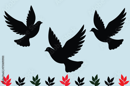 Three stylized black silhouette doves flying gracefully symbolizing peace hope and freedom.eps