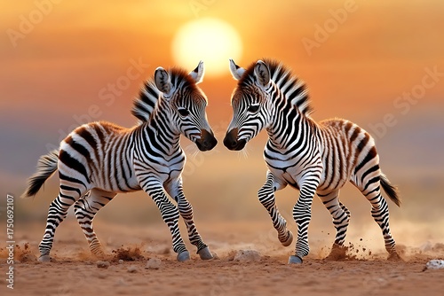 Playful zebras in silhouette at sunset african savanna wildlife photography vibrant atmosphere close-up view nature conservation