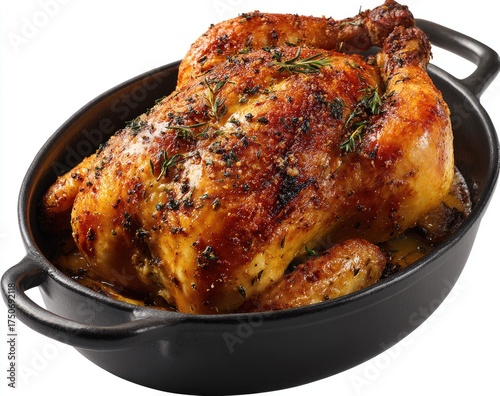 Roasted whole chicken in a dark oval pan.  Crispy, browned skin with herbs.  Juicy looking meat