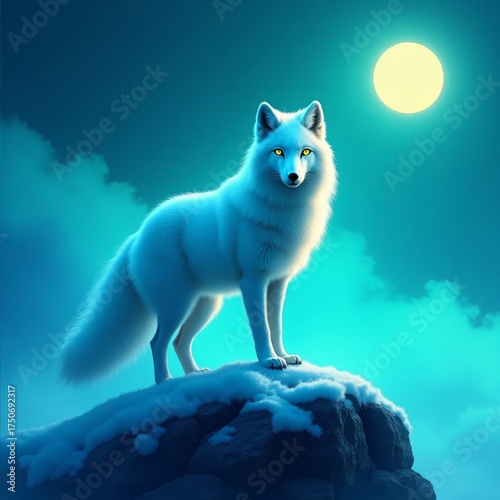 White fox standing on snowy rock under yellow moon