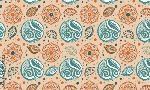 Hand drawn boho geometric seamless pattern with zentangle and doodle details, Abstract ethnic vector background in earthy terracotta and teal colors