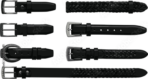 Black leather belt collection with silver buckles, braided and plain designs, stylish fashion accessories, men’s clothing detail, casual and formal wear illustration