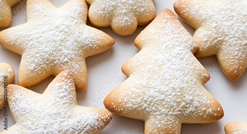 Close up of festive christmas sugar cookies dusted with powdered sugar
