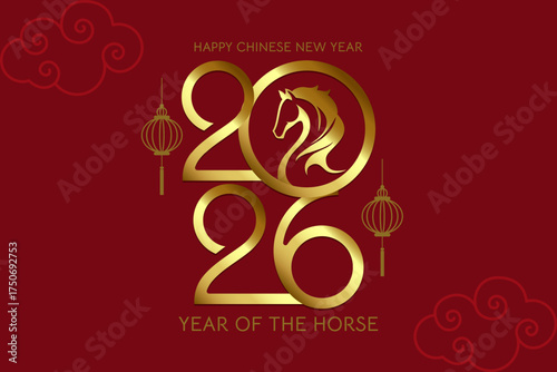 Happy Chinese New Year 2026 banner or greeting card with golden horse illustration