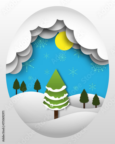 Paper cut winter landscape of green pine tree and snow white hills. Blue sky with delicate snowflakes and yellow sun peek through layered white clouds. Vector illustration for festive winter holiday