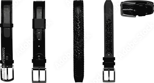 Black leather belt with silver buckle, braided design, stylish fashion accessory, men’s clothing detail, casual and formal wear, vector illustration set