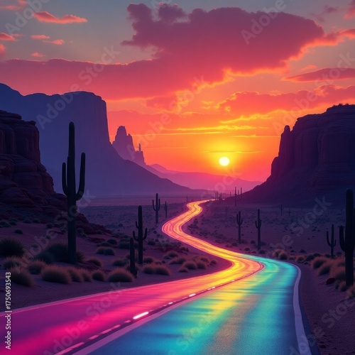 Winding desert road with vibrant sunset and saguaro cacti