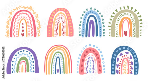 Floral rainbow boho set. Tribal chic rainbow with flowers and hearts. Beautiful bohemian graphic element. Vector doodle hand drawn illustration