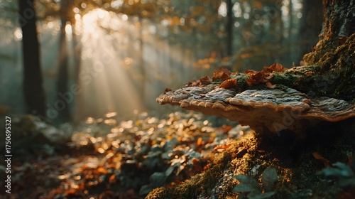 Cinematic close-up of a large bracket fungus on a mossy tree trunk in a magical autumn forest during golden hour, with brilliant sunbeams.