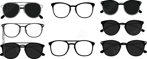 Eyeglasses and sunglasses collection, aviator, round, cat eye, rectangular frames, fashion eyewear styles, optical accessory, modern, vintage, vector illustration set