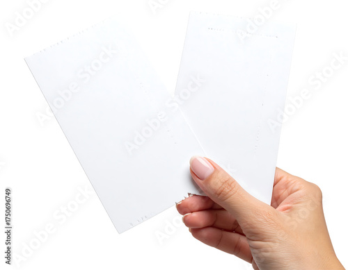 Hand holding two blank white paper tickets or slips of paper isolated on transparent background
