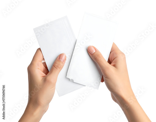 Two blank white paper tickets held in a person s hands isolated on transparent background