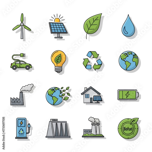 A collection of colorful flat design icons representing environmental protection, renewable energy, and sustainability concepts.