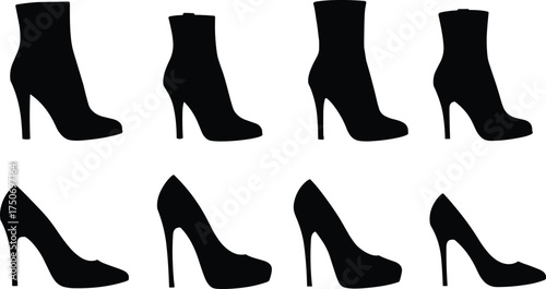 High heel shoe silhouette collection, fashion footwear icons, women’s pumps and ankle boots, stylish accessory design, modern, elegant, vector illustration set