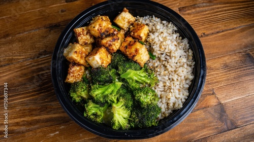 A colorful dish featuring golden-brown tofu cubes steamed broccoli and fluffy brown rice arranged neatly in a black bowl resting on a rustic wooden table.