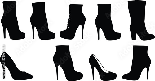 High heel shoe silhouettes, women’s boots, fashion footwear, ankle boots, knee high, lace up, platform heels, vector illustration design set