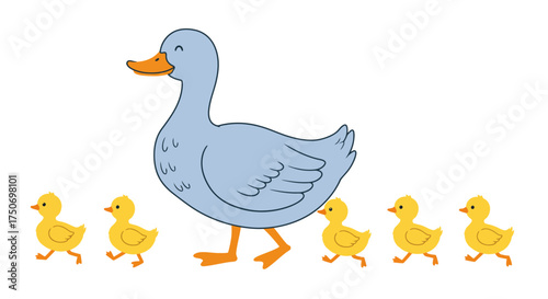 Cartoon Duck and Ducklings Illustration Mother Duck with Babies.