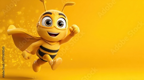 Animated bee superhero runs on yellow background