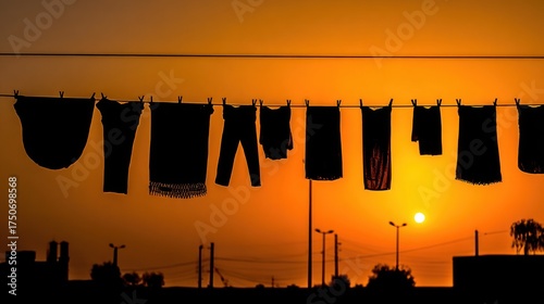 Clothes line silhouettes at sunset