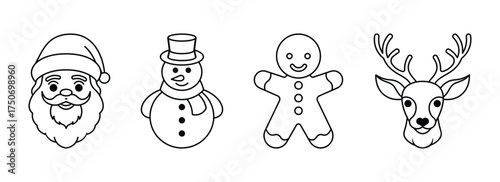 christmas outline icon set of santa claus snowman vector illustration