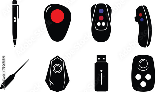Remote, control, pen, stylus, USB, device, electronic, gadget, technology, button, black, white, minimal, modern, isolated, collection, equipment, accessory, design, illustration