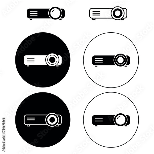 Collection of stylized digital projector icons in black and white circles and simple outlines