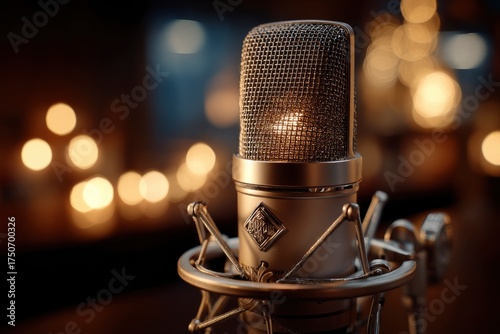 A microphone stands prominently against a bokeh background capturing a warm focused atmosphere