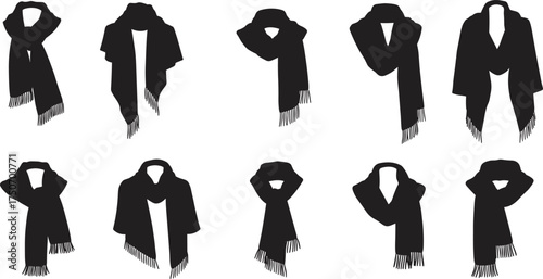 Scarf knot silhouettes, fashion accessory, winter clothing, stylish neckwear, loop and drape styles, vector illustration set, elegant warm outfit design