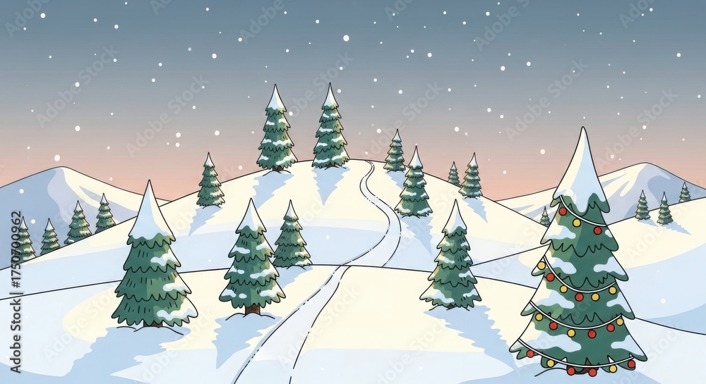 Obraz premium Winter landscape with snowcovered mountains and fir trees decorated for christmas