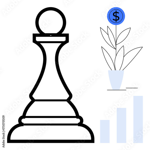 Chess pawn paired with a money plant sprouting a dollar sign and a rising bar graph. Ideal for strategy, financial growth, investment, decision-making, business planning, opportunities, leadership