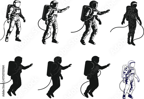 Astronaut vector set featuring realistic and silhouette styles in space suits, ideal for science, design, animation, and educational use.