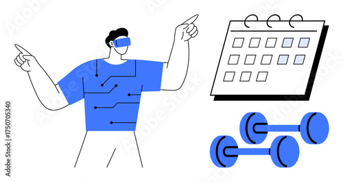 Man wearing VR headset in futuristic tech attire pointing toward goals. Features wall calendar and dumbbells, emphasizing fitness, virtual training, tech innovation, planning, motivation, digital