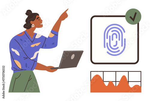 Woman pointing at fingerprint scan with green approval check, holding a laptop, next to an orange data graph. Ideal for technology, security, identification, biometrics, data analytics, privacy