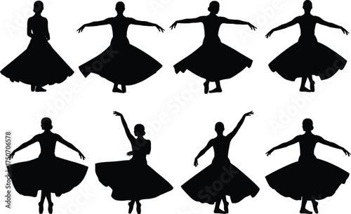 Black silhouette ballet dancers in flowing skirts, elegant female poses captured in motion for dance, performance, vector art and design themesBlack 