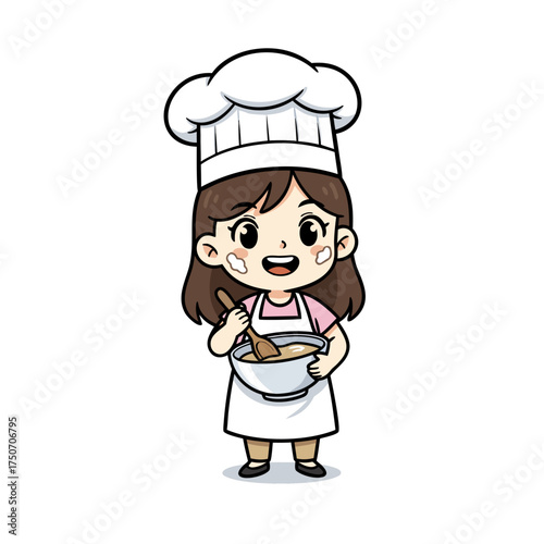 Cute cartoon girl chef character with a happy smile mixing batter in a bowl, illustrating the joy of baking