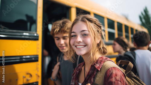 Students boarding bus on school field trip, Concept of education travel
