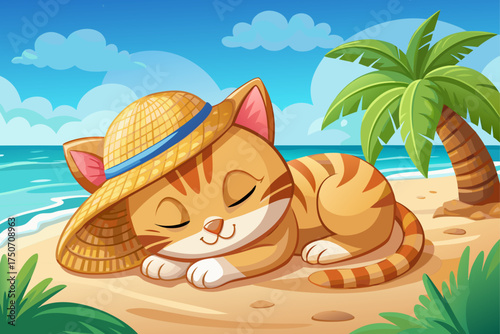 vector of cat on the beach summer vacation The kitten is sleeping on the white sand beach. With a straw hat on his head