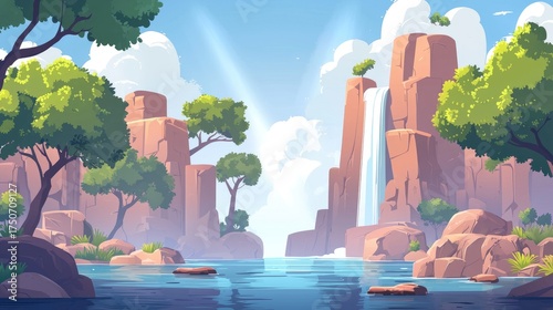 Tranquil Waterfall and River Flowing Between Lush Green Trees and Rocky Cliffs