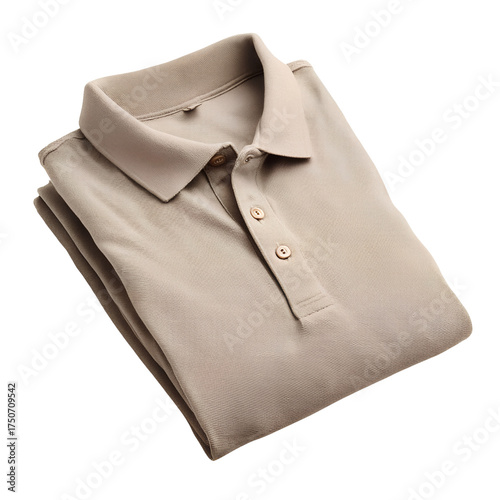 Folded beige T-shirt showing collar and sleeves slightly offset, transparent background