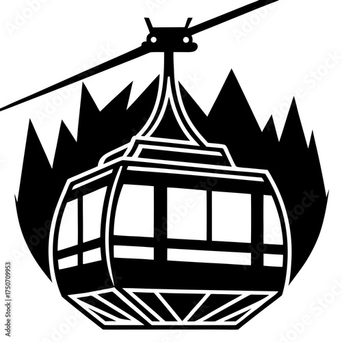 Black and white graphic icon of a ski lift gondola traveling over jagged mountain peaks