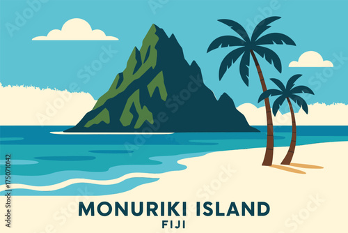 Flat minimal illustration of Monuriki Island, Fiji — a small tropical island surrounded by turquoise ocean and soft sandy beach. Central composition features stylized volcanic rock formations rising b