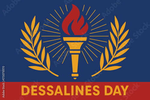 Illustration celebrating Dessalines Day in Haiti. Center composition features a stylized flame torch symbolizing liberty, framed by symmetrical palm leaves and a circular burst pattern behind. Use Hai