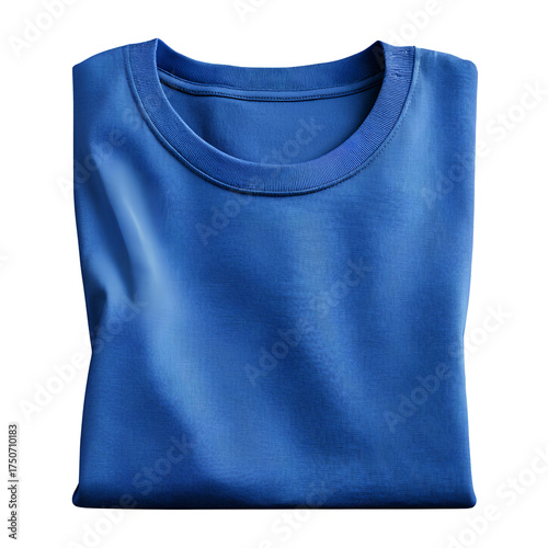 Folded blue crew neck T-shirt with subtle fabric shadows, isolated transparent background